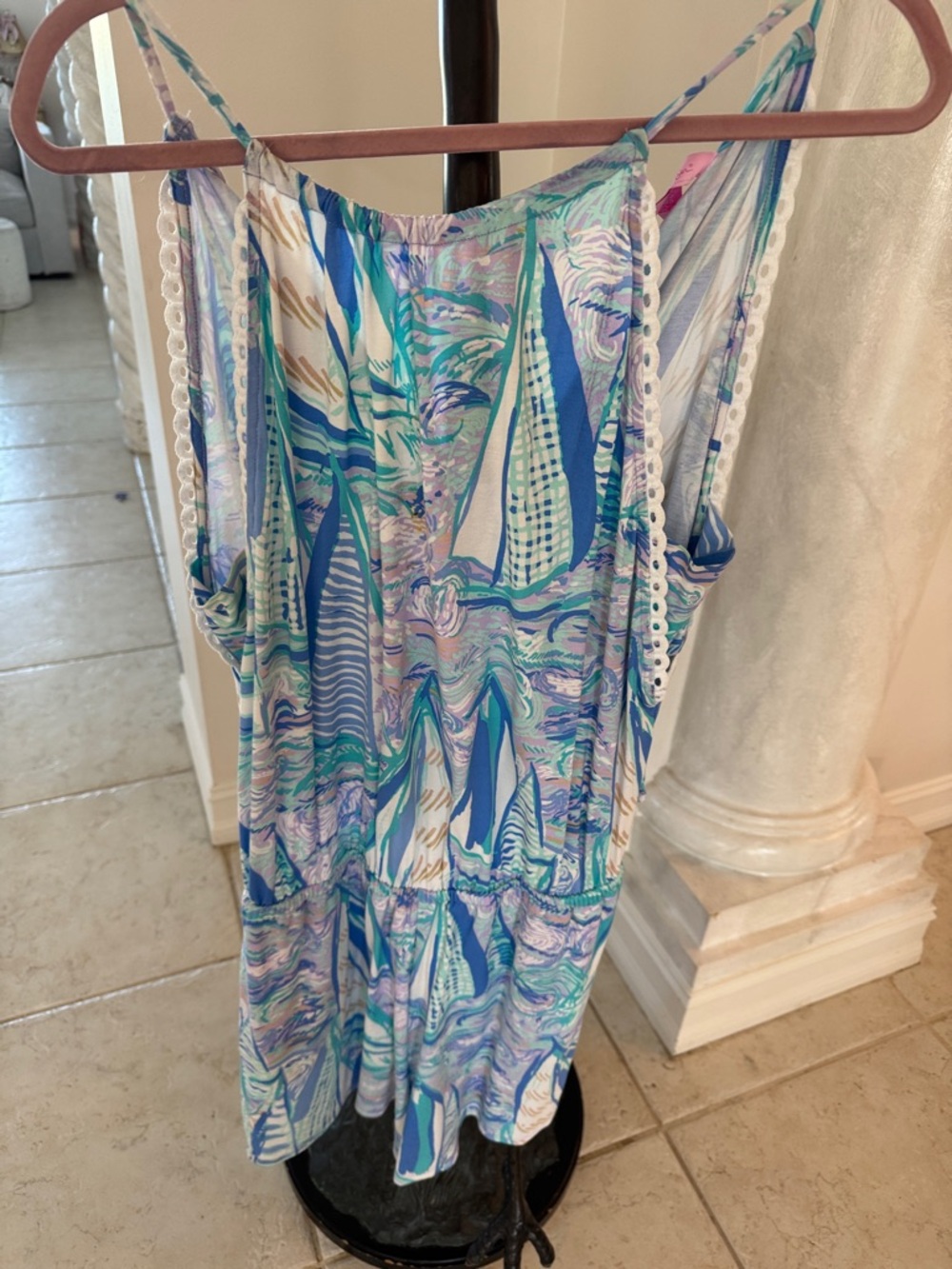 Lilly Pulitzer Striped Sailboat-Print Spaghetti Strap Dress in Aqua, Teal & Blue
